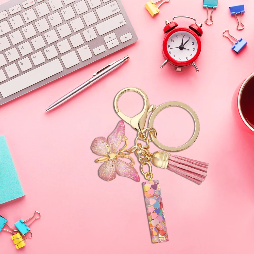 Resin Initial Letter Keychains Alphabet Letter Keychain Pink Tassel Butterfly Key Ring