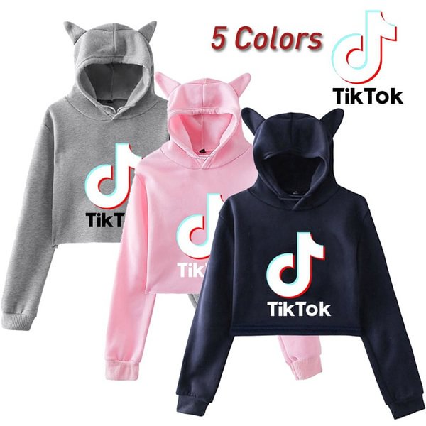 Tik Tok Printed Women Cute Cat Ear Navel Cropped Hoodies Sweater Fashion Hoodie Pullover Tops - Shop Trendy Women's Fashion | TeeYours
