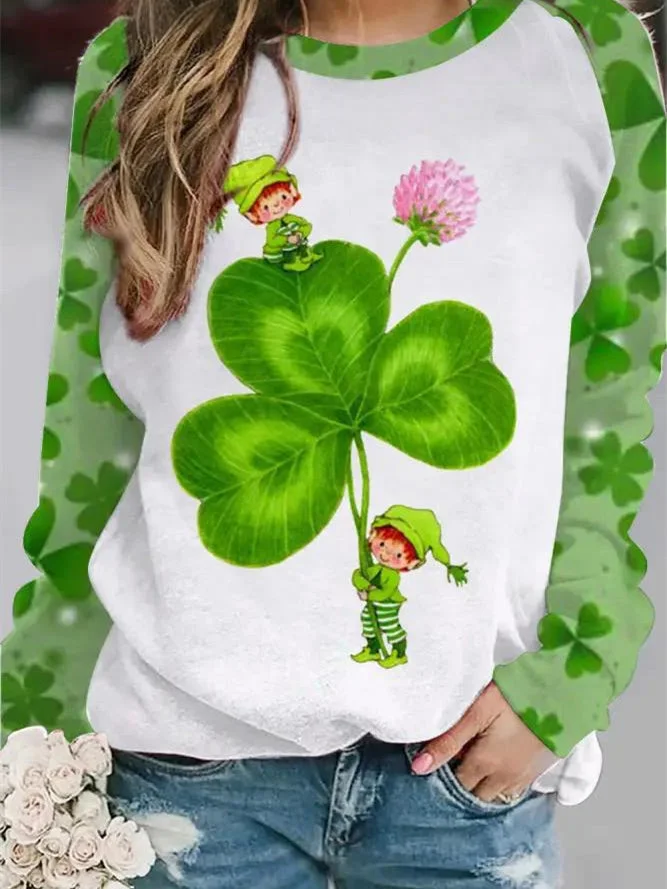Women's Long Sleeve Scoop Neck Four Leaf Clover Printed Graphic Tops