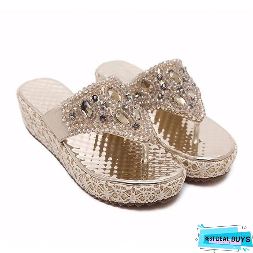 Women's Rhinestone Platform Sandal Shoes Beach Flip Flops Sandals