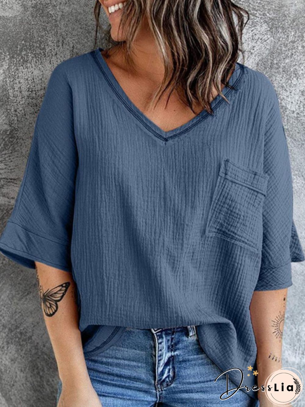 V-neck Solid Color Loose Casual Short-sleeved Blouse Linen