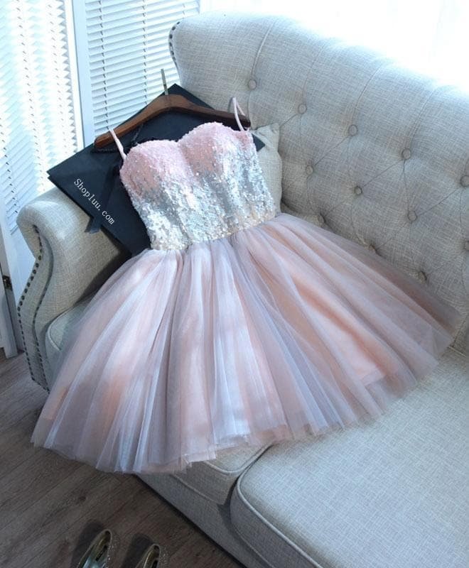Cute Pink Sweetheart Neck Tulle Seqsuins Short Prom Dress, Cocktail Dress