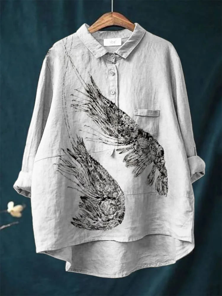 Vintage Japanese Octopus Pattern Art Print Casual Cotton And Linen Shirt