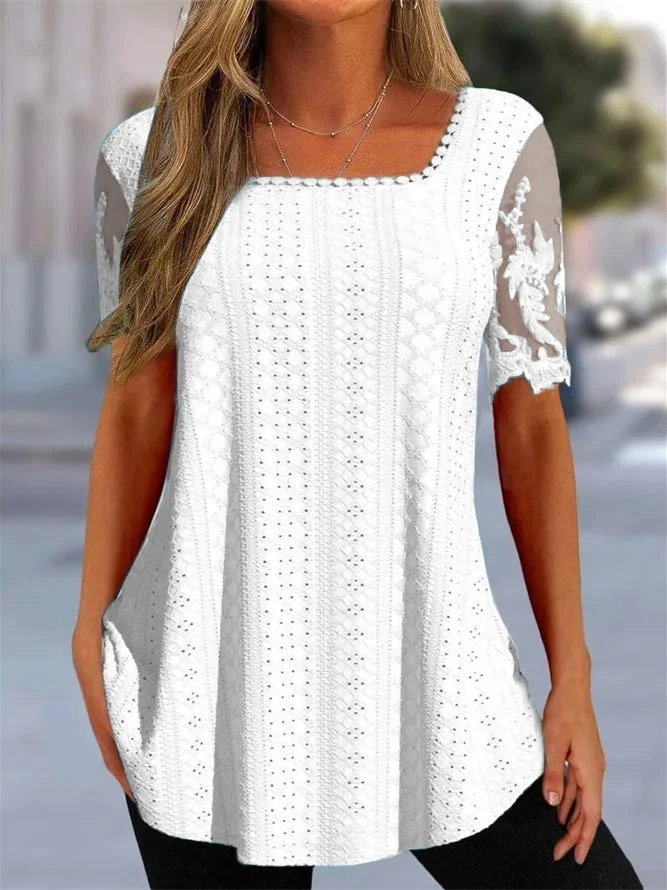 Women Short Sleeve U-neck Solid Lace Tops