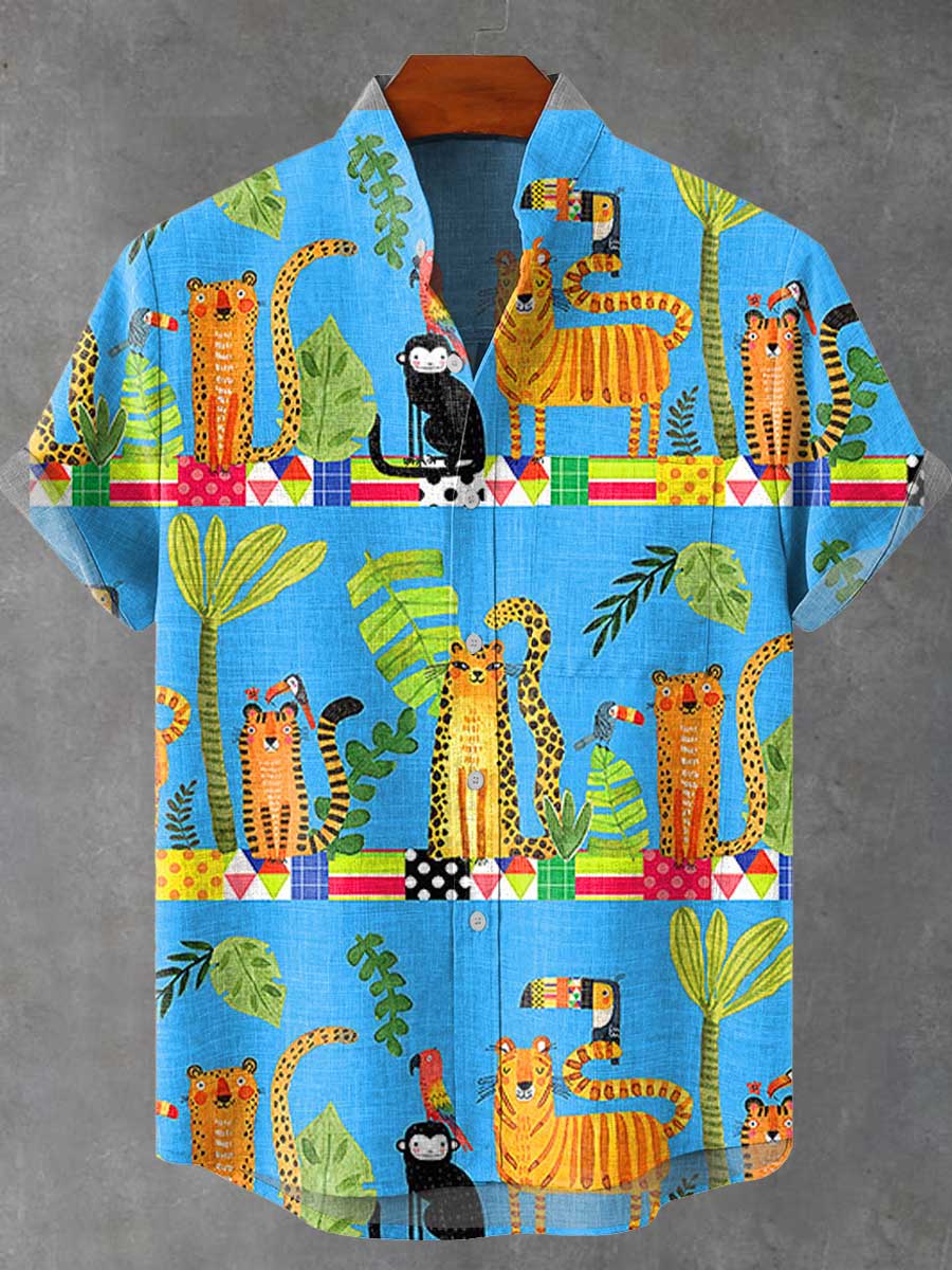 Vintage Art Abstract Animals Vintage Print Casual 100% Cotton Shirt