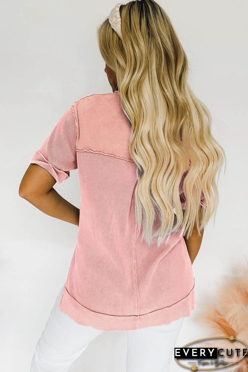 Pink Acid Wash Waffle Knit Short Sleeve Buttoned Shirt