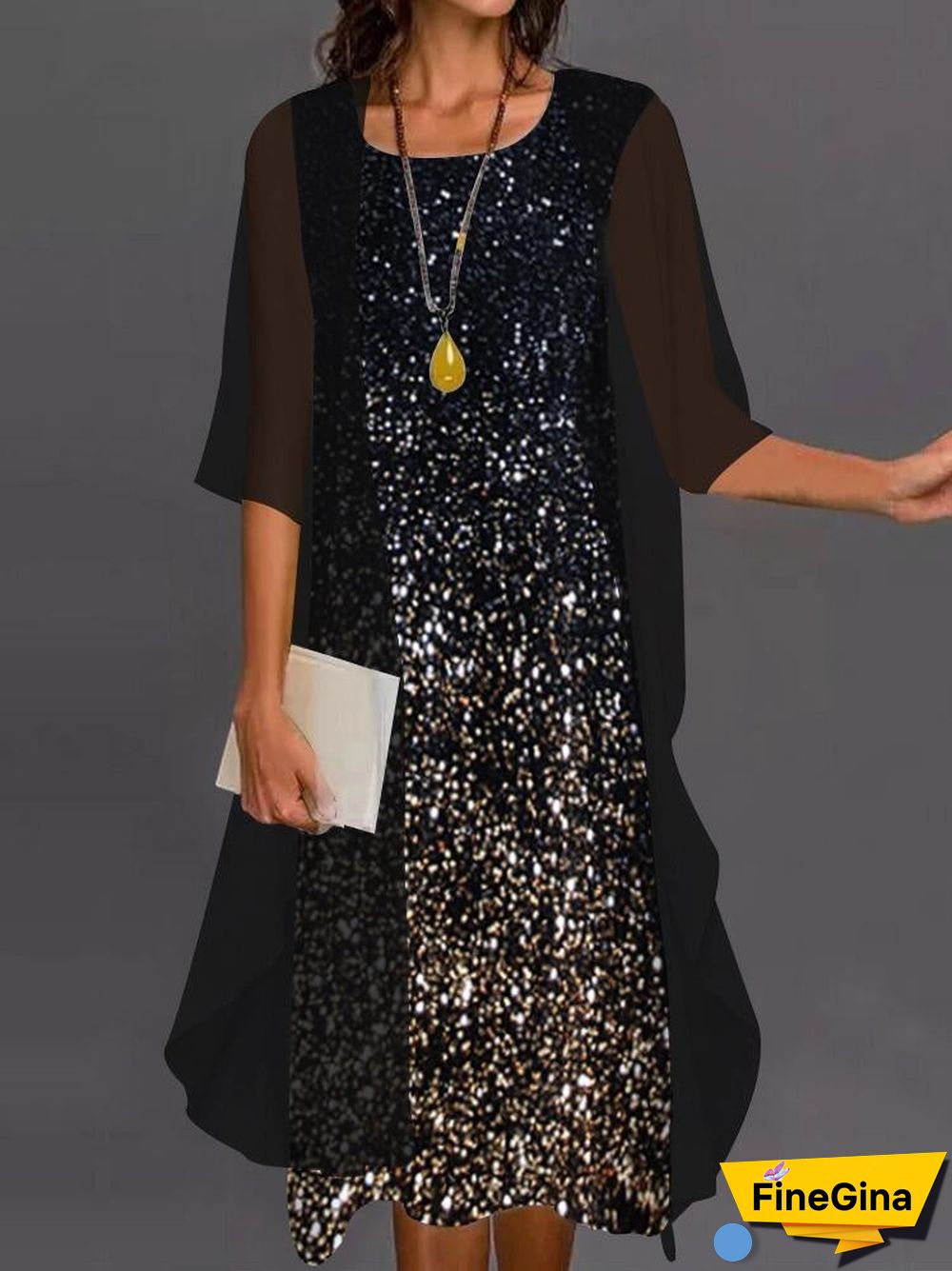 Women's 3/4 Sleeve Scoop Neck Graphic Two-piece Midi Dress