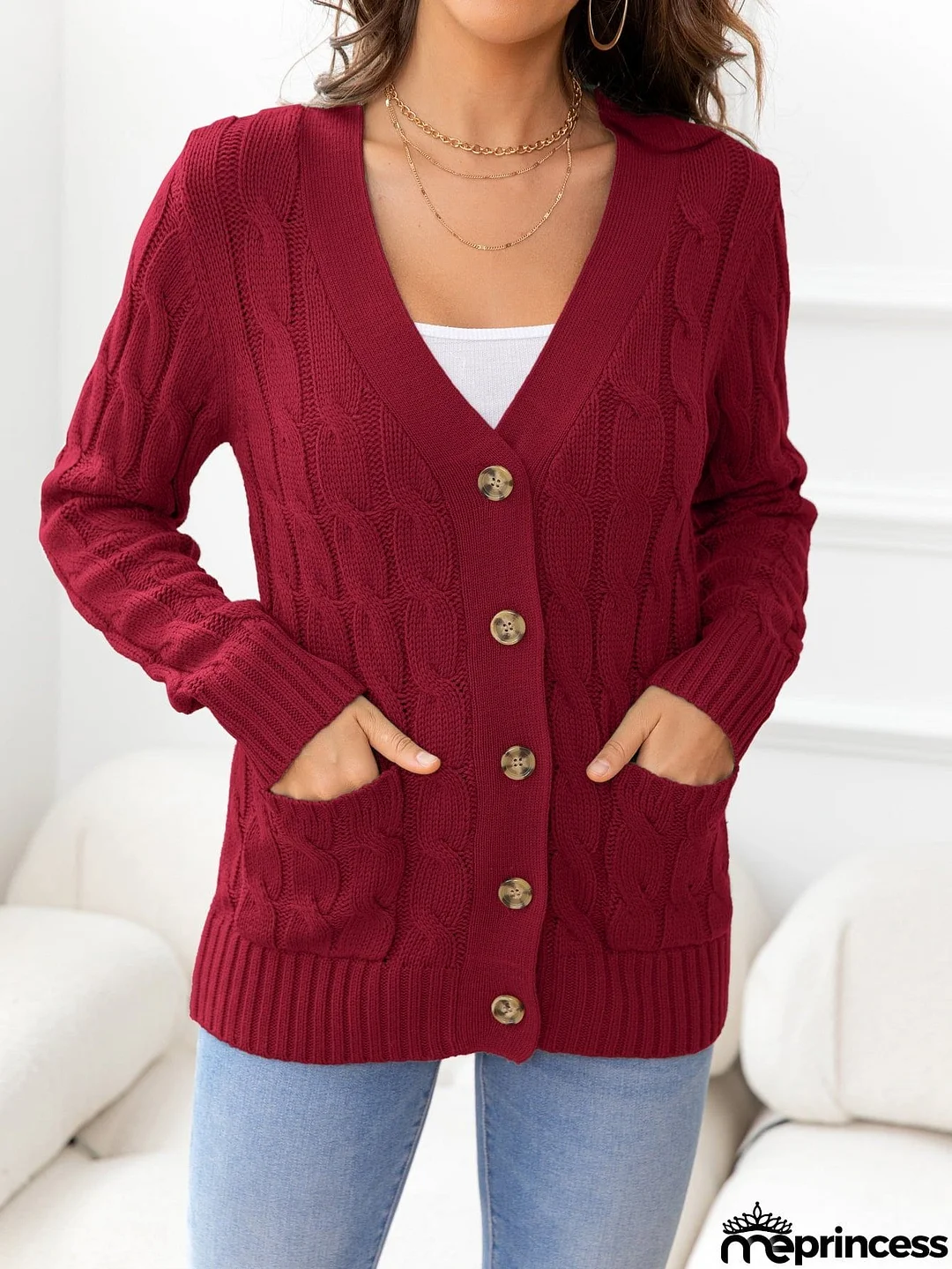 Button Down Cable-Knit Cardigan