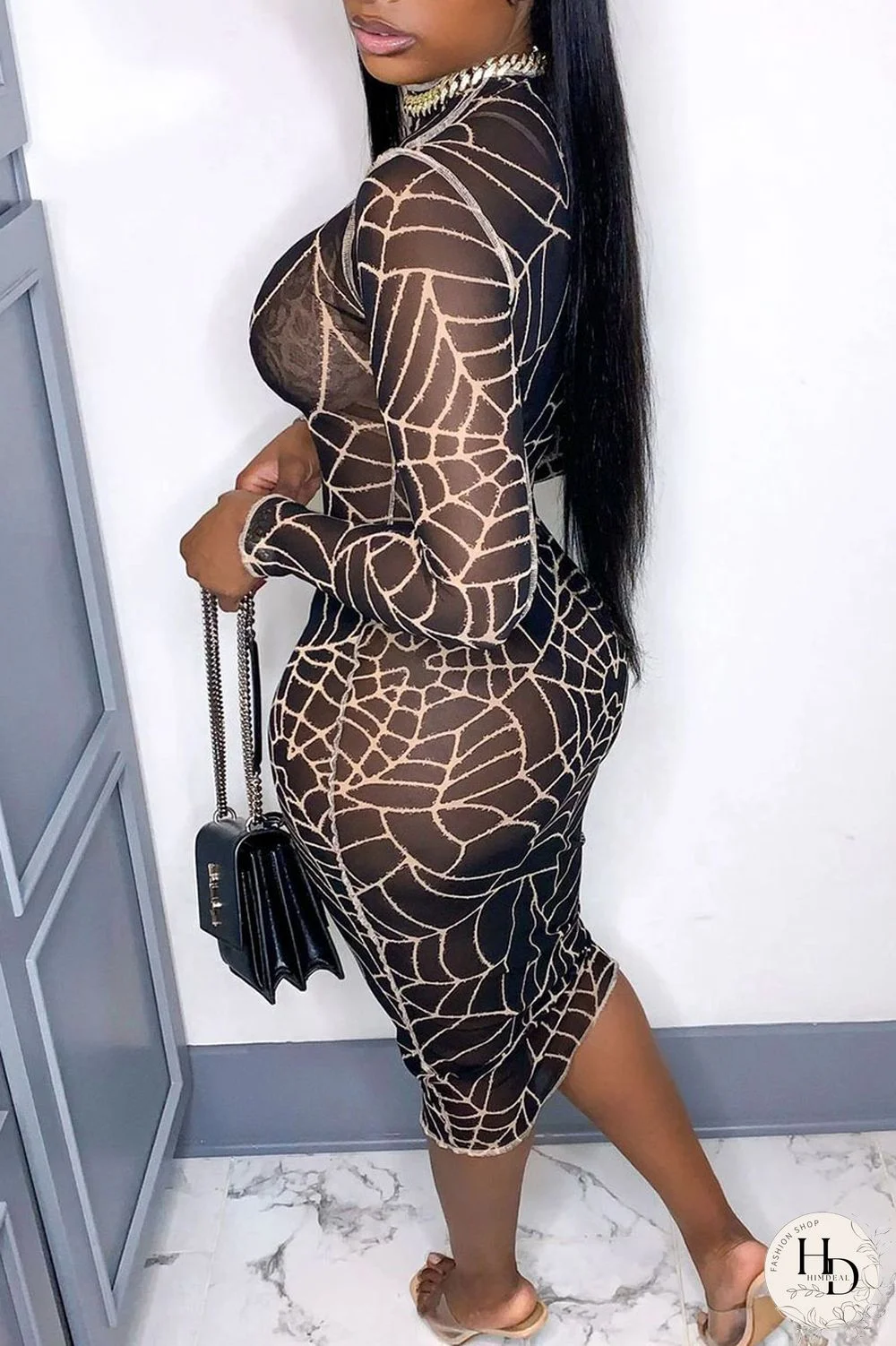 Black Sexy Print Split Joint O Neck Pencil Skirt Dresses