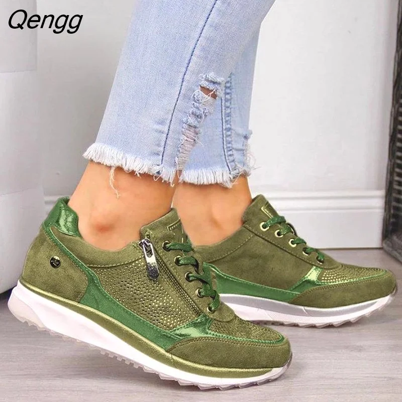 Qengg Casual Shoes 2023 New Fashion Wedge Flat Shoes Zipper Lace Up Comfortable Ladies Sneakers Female Vulcanized Shoes 304-1