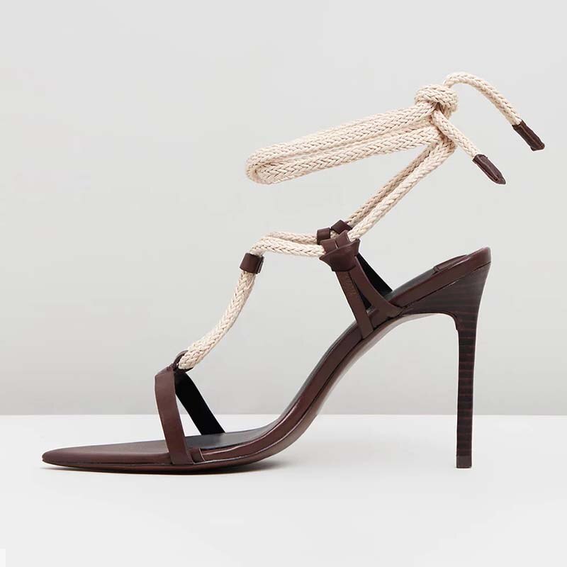Chic Brown Open Toe Stiletto Heel Women's Sandals with Strappy Design Nicepairs