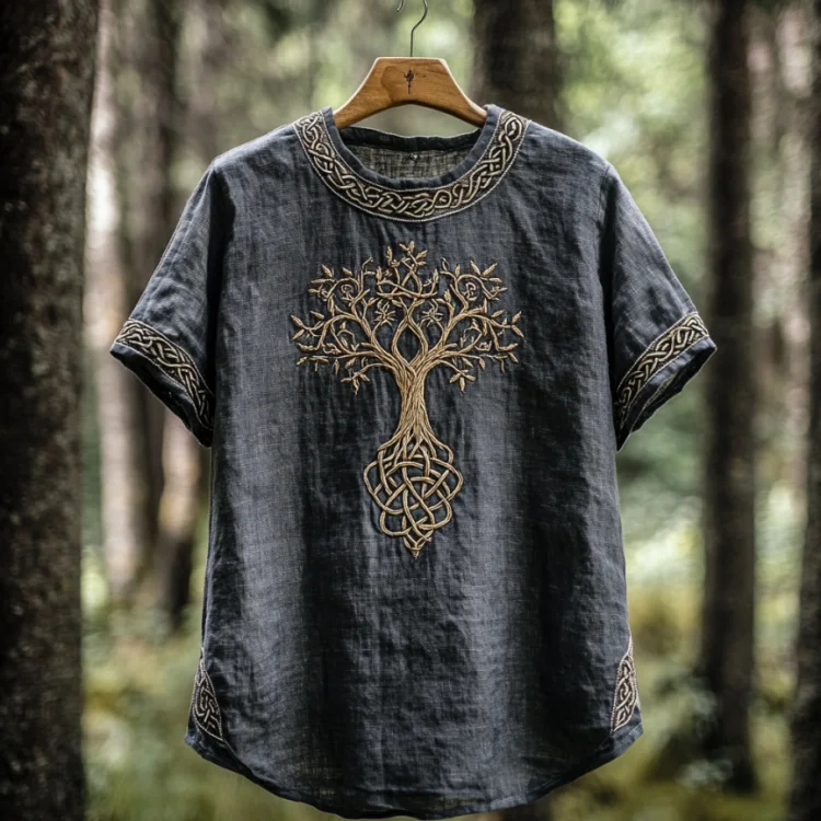 Men's Viking Tree Of Life Celtic Knot Art Linen T-shirt