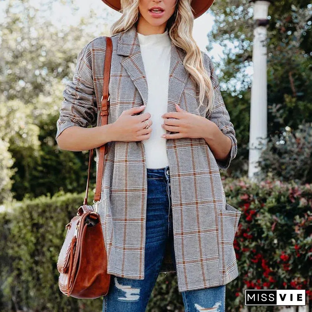 Womens Casual Long Sleeve Striped Blazer Fashion Turn-down Collar Pockets Loose Jacket