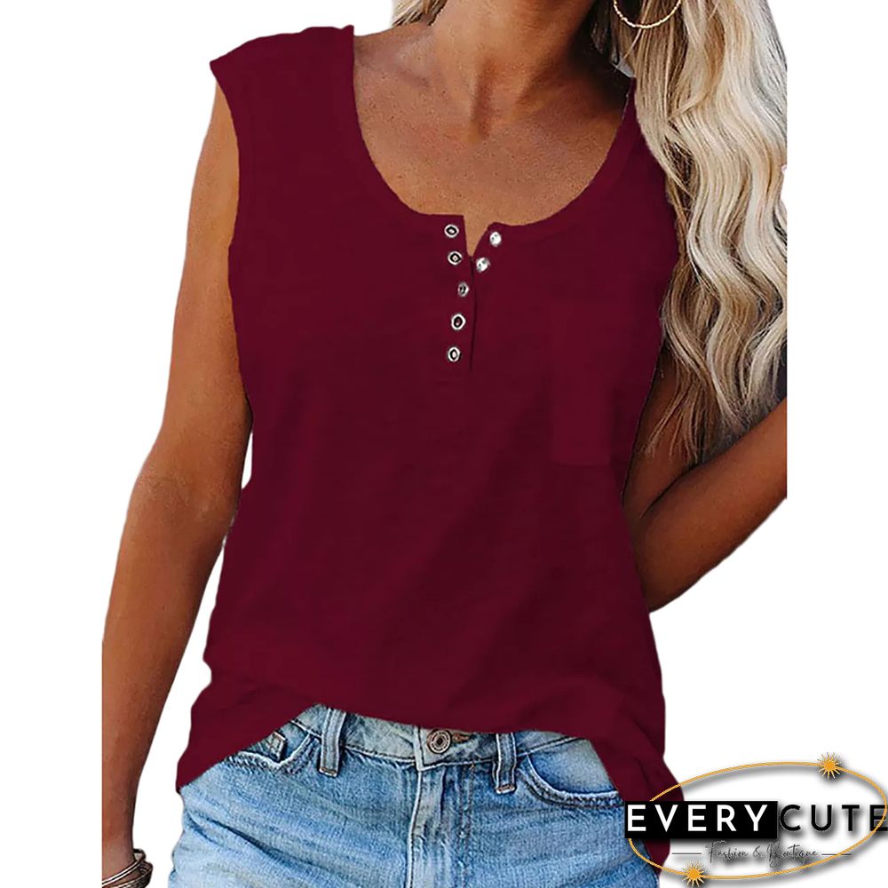 Wine red Button Detail Pocketed Tank Top