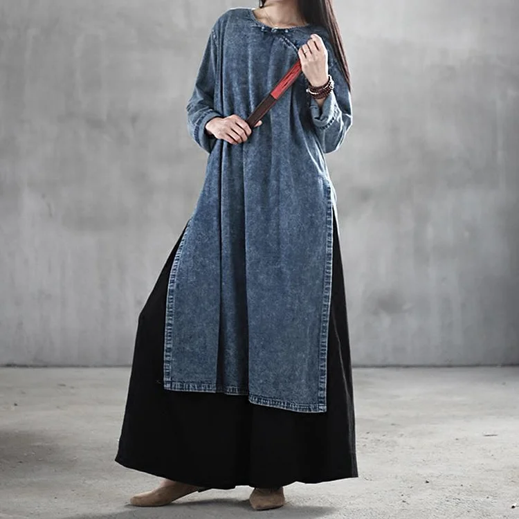 Chinese Style Denim Retro Large Size Buckle Long Sleeve Dress