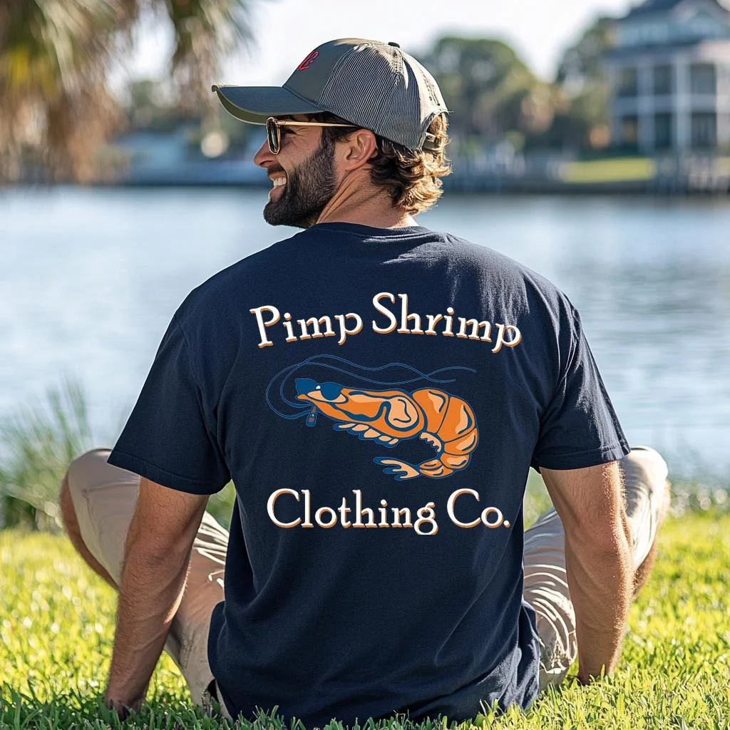 Unisex Shrimp Graphic Surf Print Oversized Navy Blue Cotton Short Sleeve T-Shirt