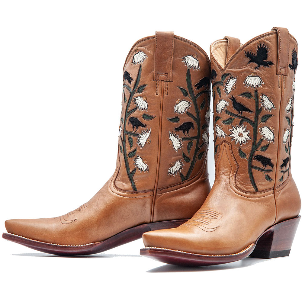Tan Raven Floral Inlay Pointed Toe Chunky Heel Mid-Calf Cowgirl Boots Nicepairs