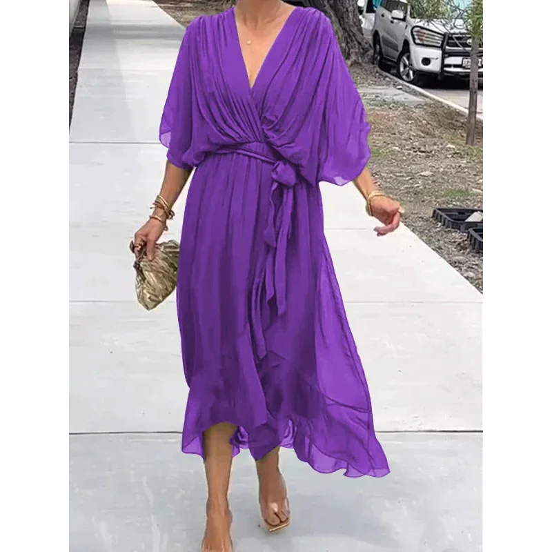 Uveng Uveng New Women's Solid Color With Long Skirt Bat Sleeve Irregular Dress Large