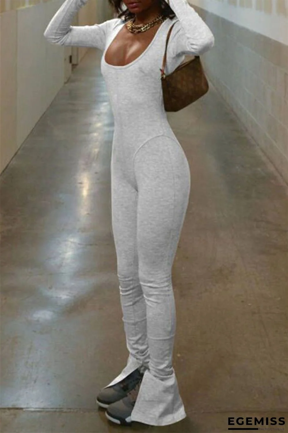 Grey Sexy Casual Solid Backless Slit U Neck Skinny Jumpsuits | EGEMISS