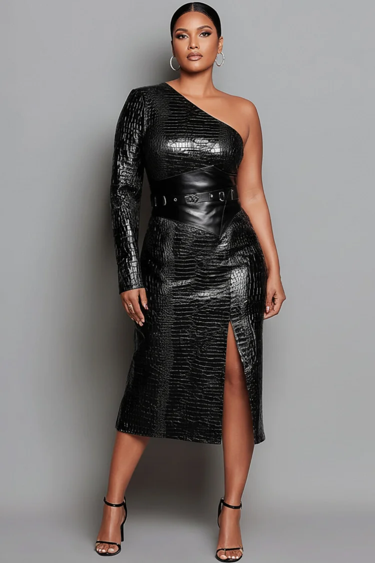 Xpluswear Design Plus Size Party Black One Shoulder Long Sleeve