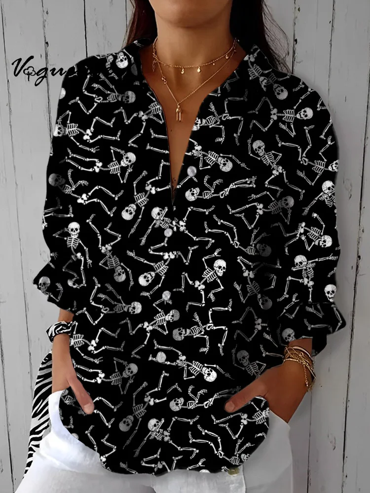 A Group Of Happy Dancing Skeletons Printed Cotton And Linen Shirt