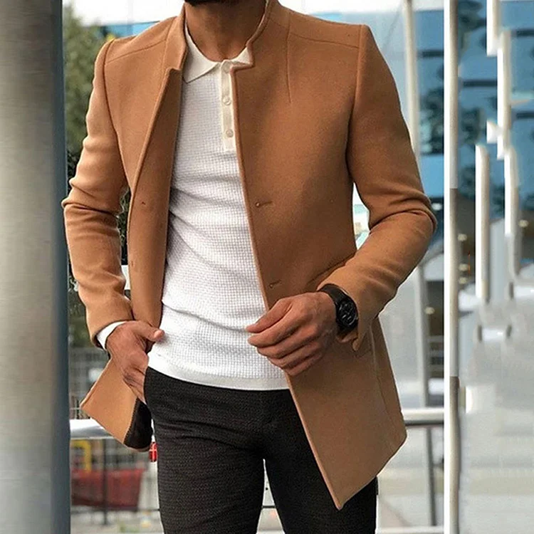 Casual Button Stand Collar Long Sleeve Woolen Coat