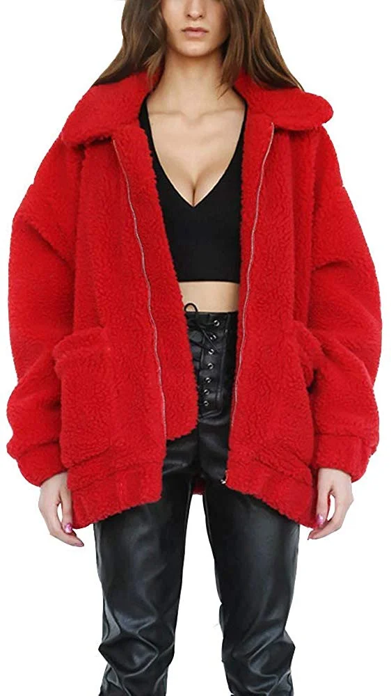 Womens Faux Shearling Jacket, Casual Lapel Fleece Fuzzy Jacket