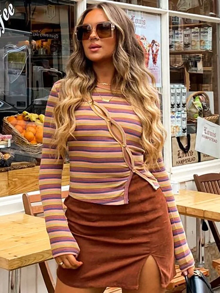 WannaThis Stripe Print Cropped Top Woman Y2K Hollow Out Button Skinny Korean Fashion Casual Sexy Long Sleeve 2021 Autumn T-Shirt