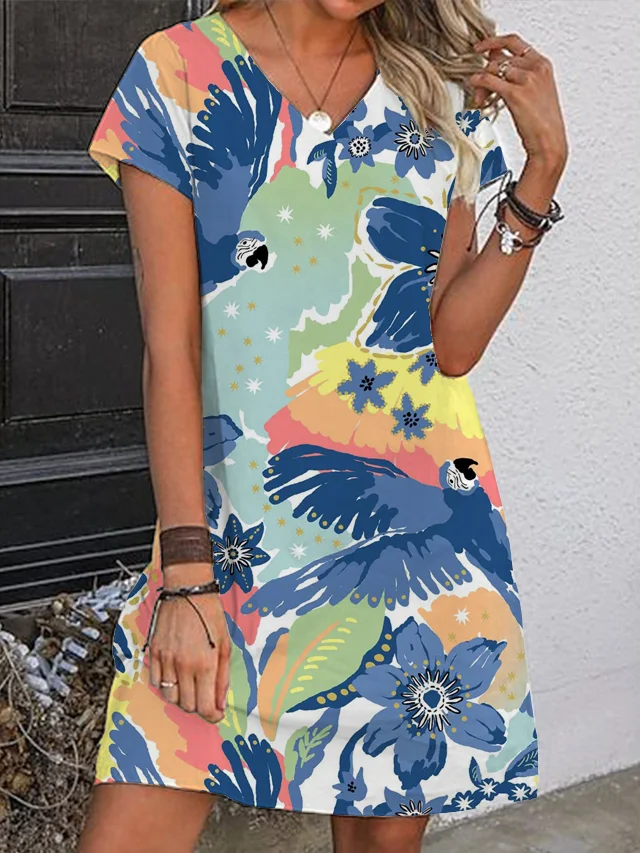 Women's Parrot And Flowers Art Print V Neck Mini Dress