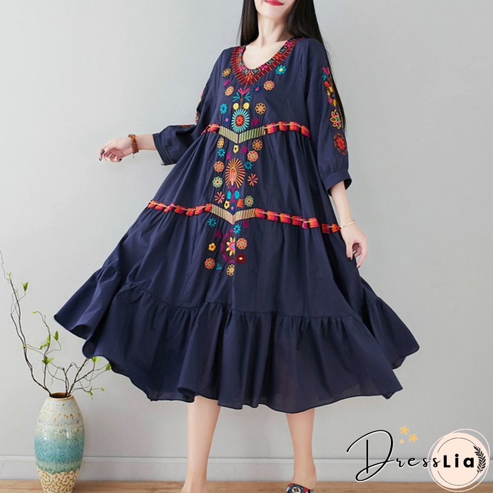 Women Dress Midi Linen Ethnic Floral Embroidery Tunic Beach Boho Holiday Hippie