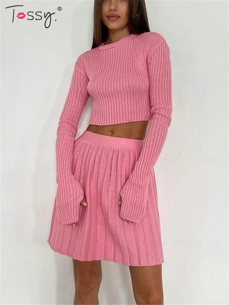 Tossy Knit Two Piece Sets Mini Pleated Skirt Suits Long Sleeve Cropped Sweater Top For Women 2021 Casual Outfits Matching Sets
