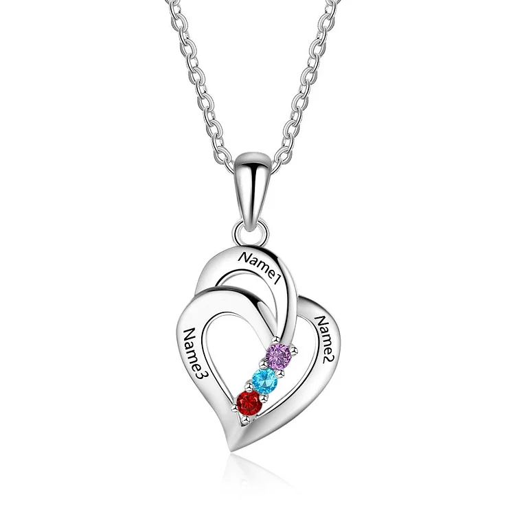Mother Necklace with 3 Birthstones Engraved 3 Names Heart Pendant Personalized Birthstone Necklace