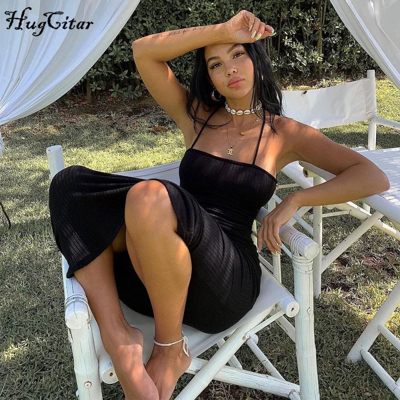 Hugcitar 2021 Sleeveless Backless Bandage Sexy Maxi Slip Dress Summer Women Fashion  Bodycon Stretchy Party Elegant Clothing