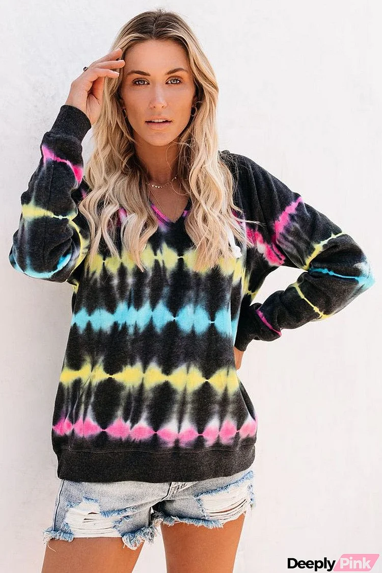 V Neck Tie-dye Elastic Cuff Hoodie