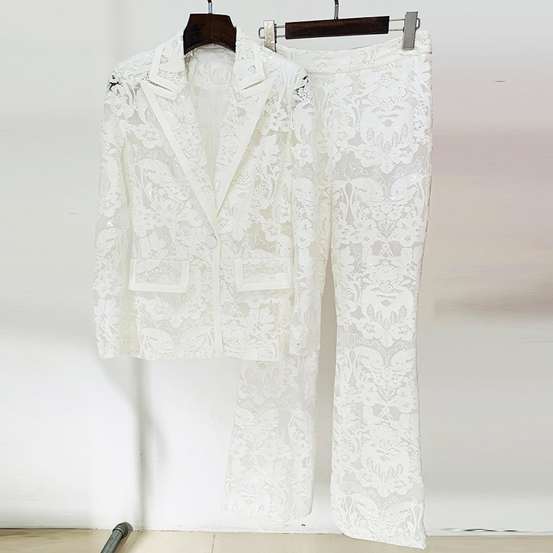 Top Quality Runway Designer 2024 Summer New Mesh Embroidered Lace Sequin Suit Coat And Pants Set Two Pieces Women Pants Suits