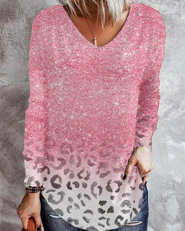 Pink Leopard Print  Casual V-Neck  Top