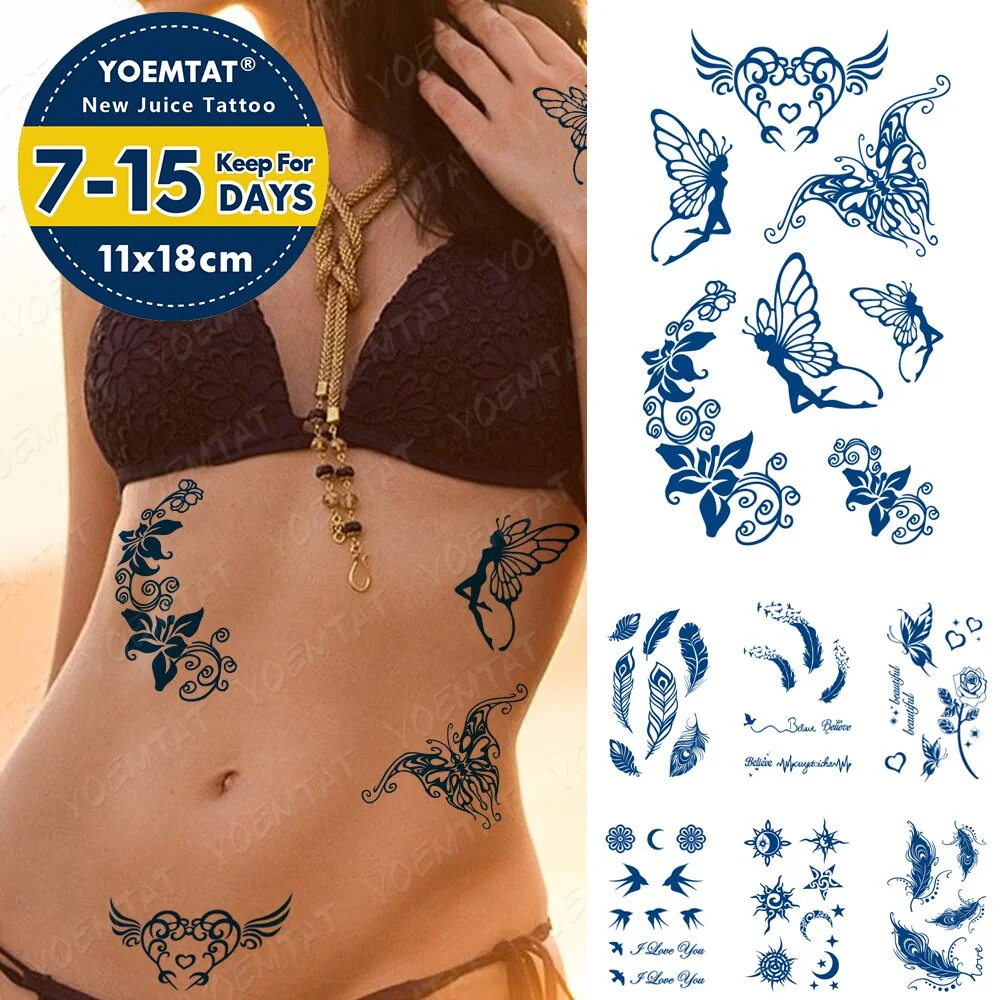 Sdrawing Lasting Ink Tattoos Body Art Waterproof Temporary Tattoo Sticker Butterfly Fairy Tatoo Arm Fake Feather Rose Swallow Tatto
