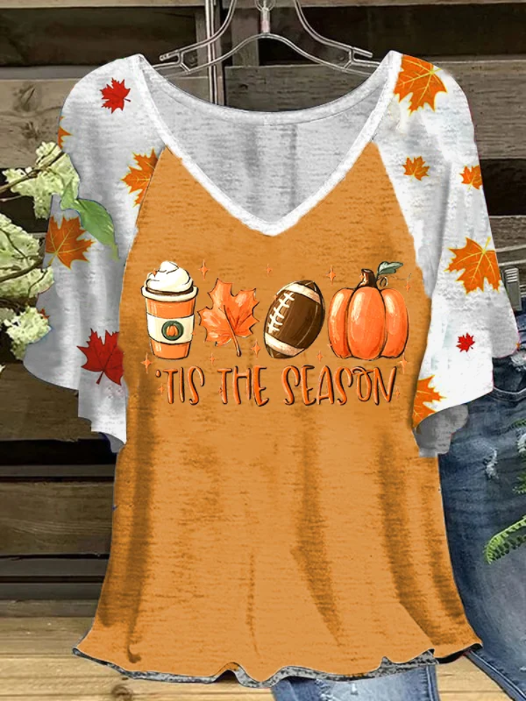 Autumn Pumpkin Plaid Stitching Print Short-Sleeved T-shirt
