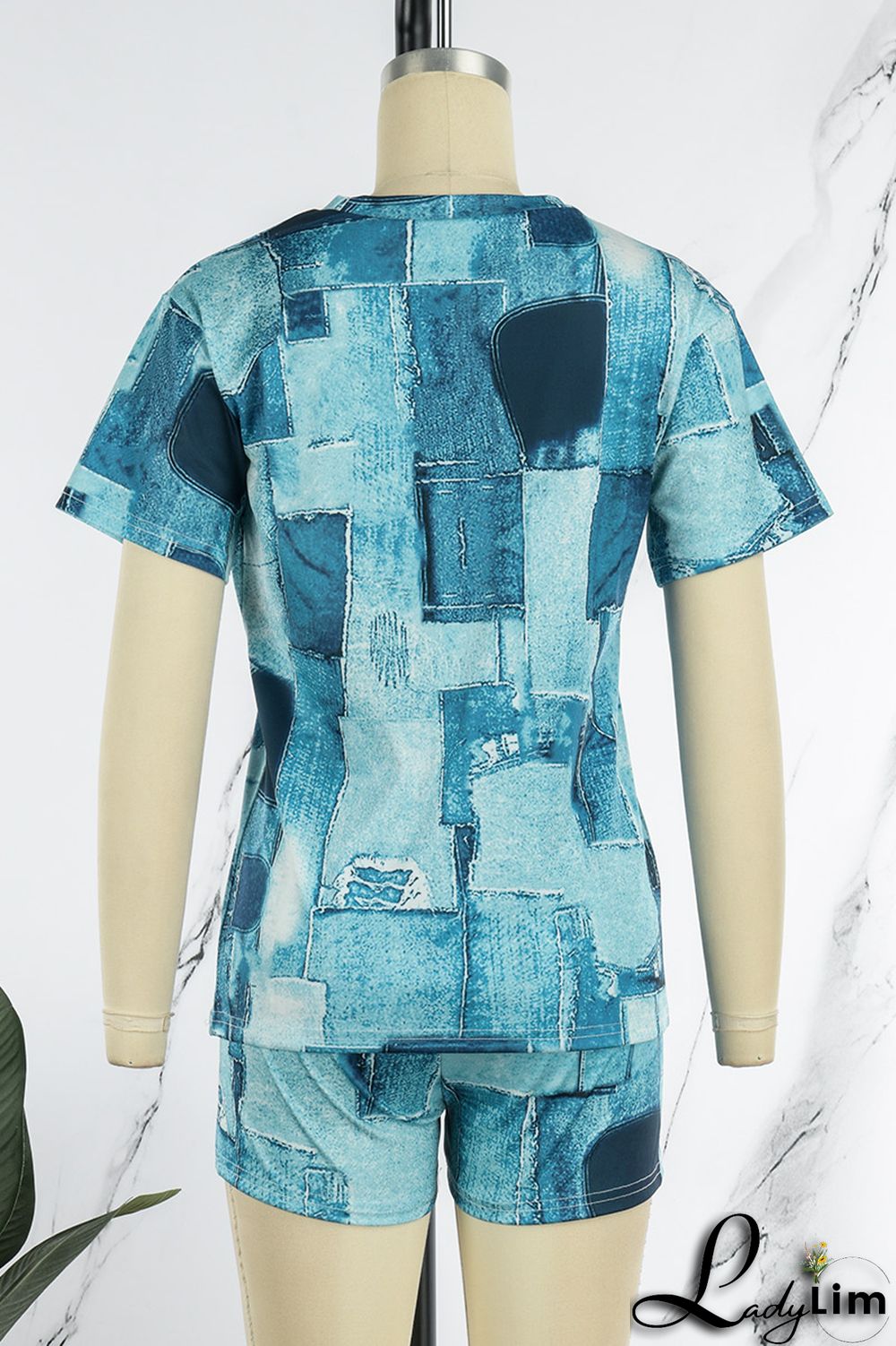 Black Casual Print Patchwork O Neck Short Sleeve Two Pieces