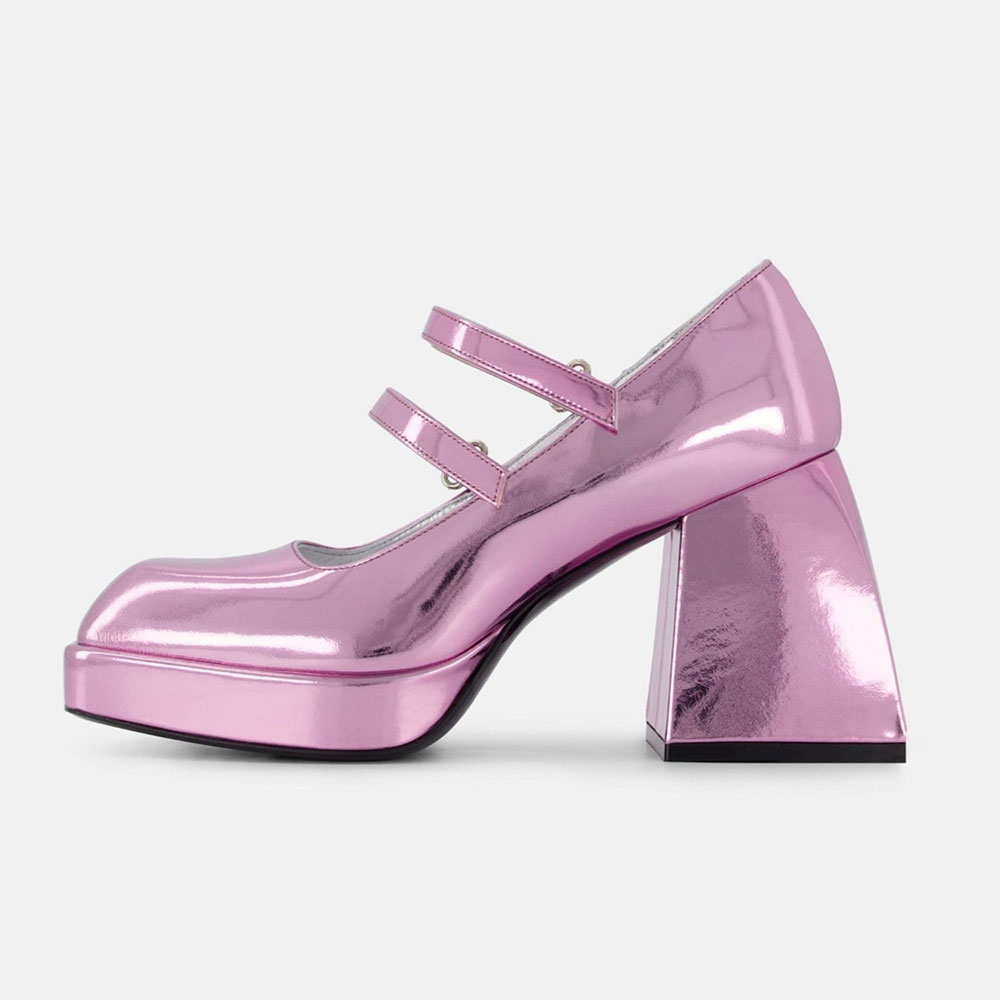 Pink Metallic Finish Closed Square Toe Platform Mary Janes with Straps Nicepairs