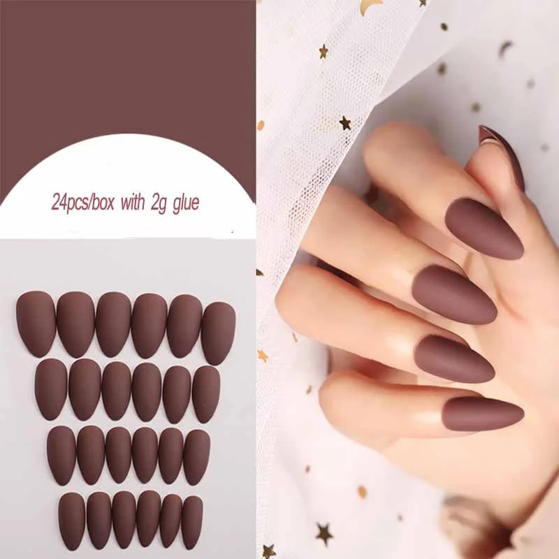24Pcs Full Cover press on Pointed Head Scrub Fresh Temperament Orange false nails matte Wearable Stiletto Fake Nails with Glue-Nail Inspo