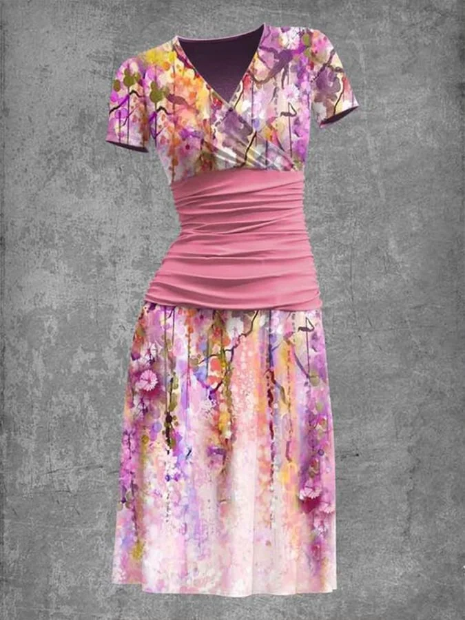 🔥Buy 3 Get 10% Off🔥Women's Oil Painting Floral Print V-Neck Short Sleeve Dress
