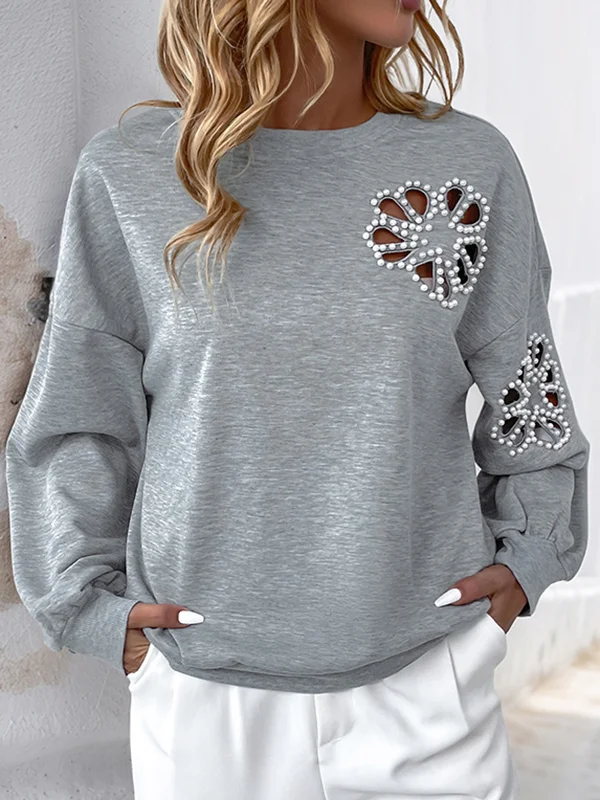 Asymmetric Hollow Split-Joint Loose Puff Sleeves Round-Neck Sweatshirt Tops