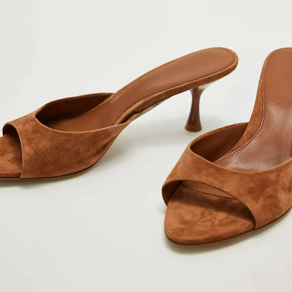 Vegan Suede Open Toe Kitten Heel Brown Casual Mules for Women