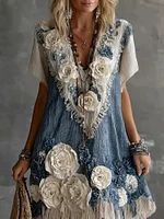 Women's Retro White Rose Lace Splicing Linen Short Dress