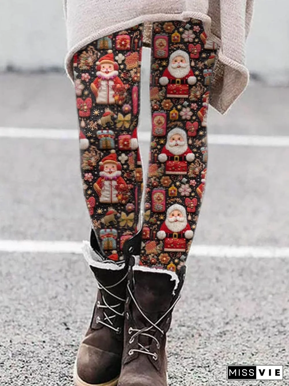 Women's Floral Santa Print Flannel Leggings