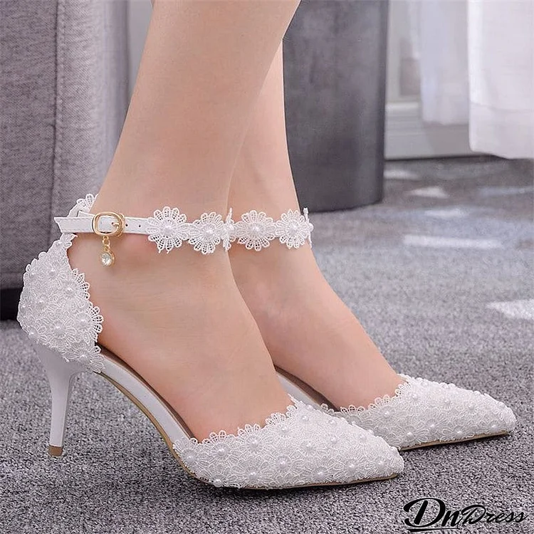 Women’s White Pearl Lace Floral Buckle High Heels Wedding Pumps