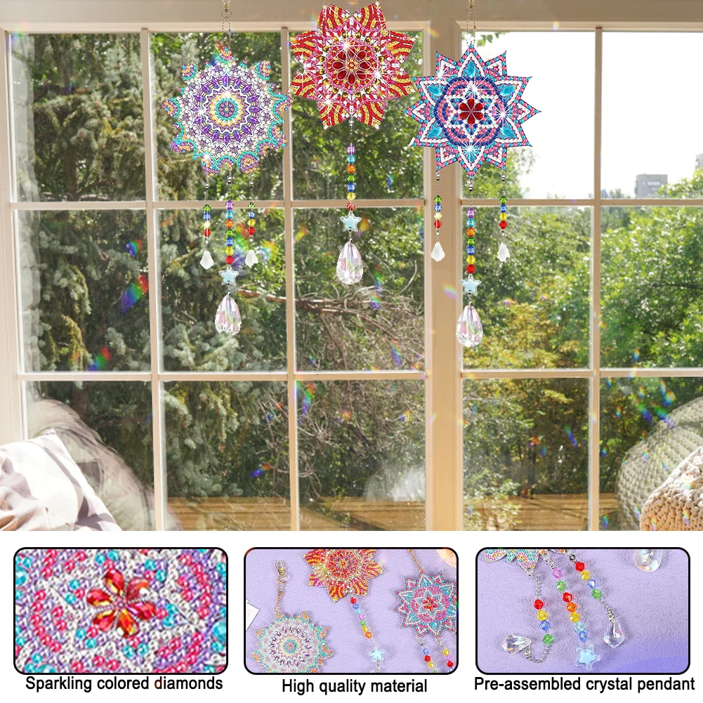 3pcs DIY Mandala Suncatcher Double Sided Diamond Painting Art Pendant