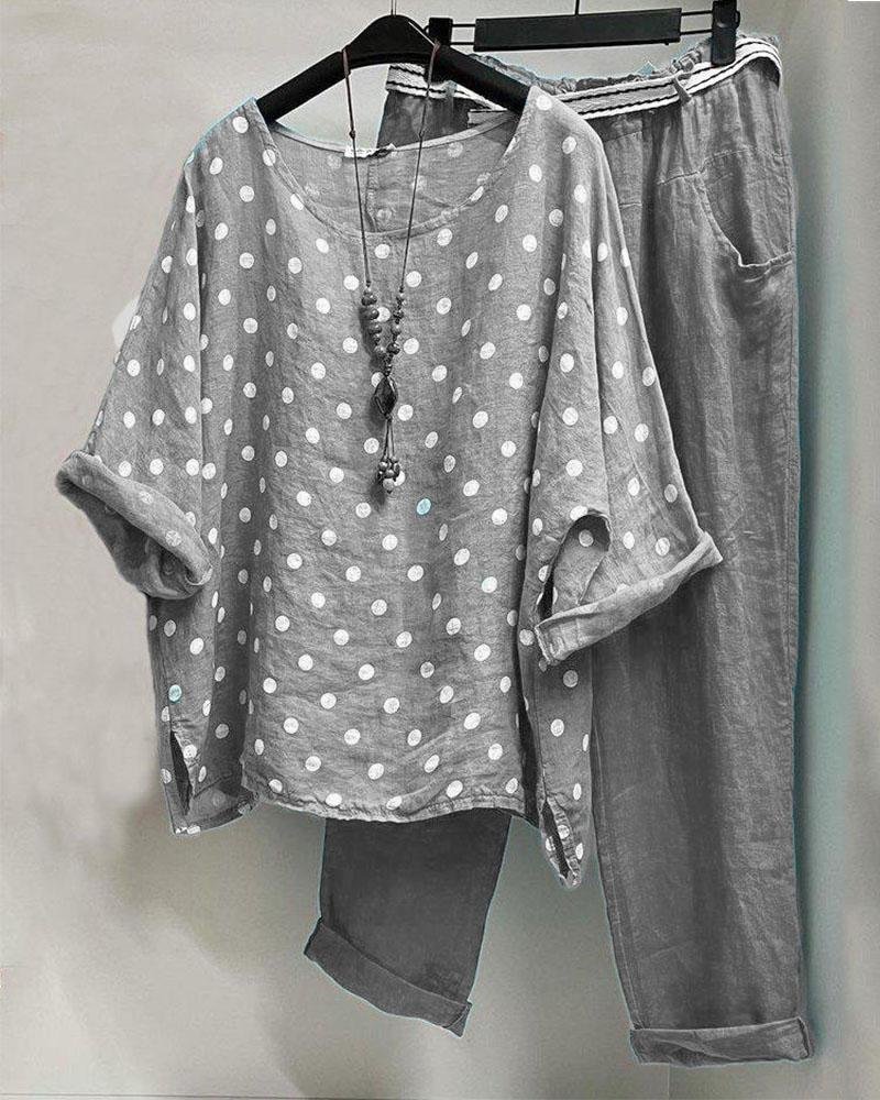 Autumn Round Neck Polka Dot Short Sleeve Two-Piece Suit