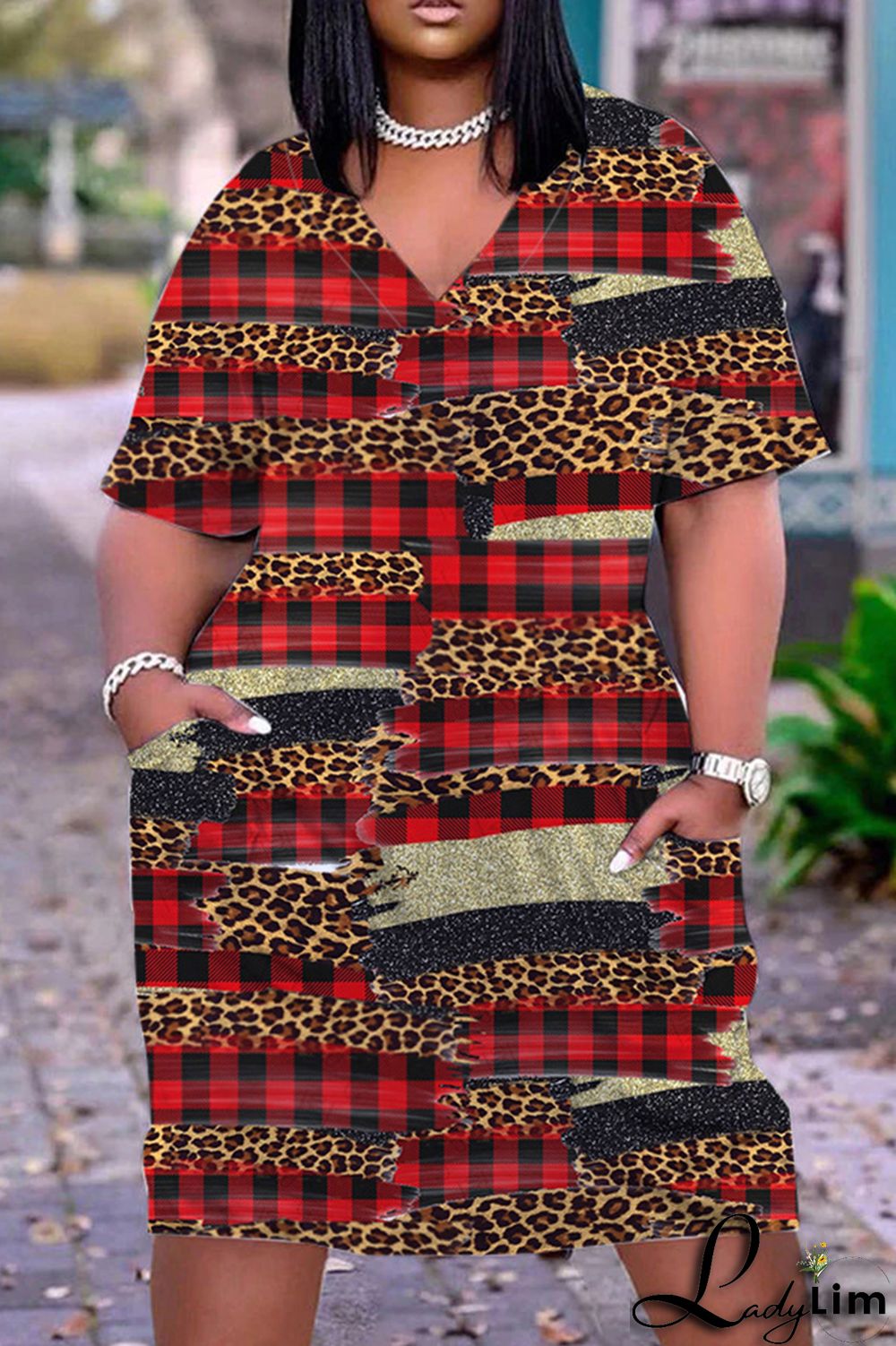 Khaki Casual Print Basic V Neck Short Sleeve Dress